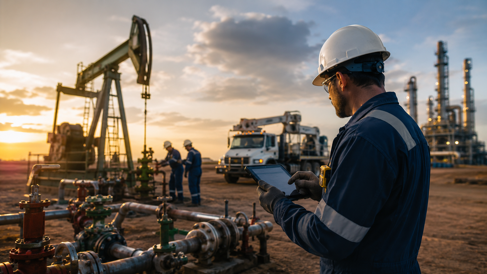 Field technician inspecting oilfield equipment on a tablet at sunset.