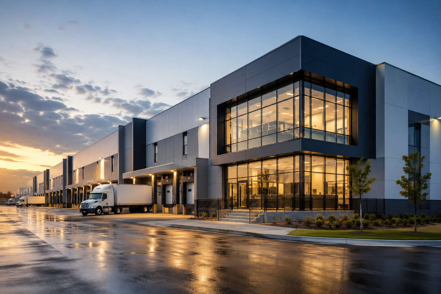 Modern industrial distribution center with loading docks at dusk.