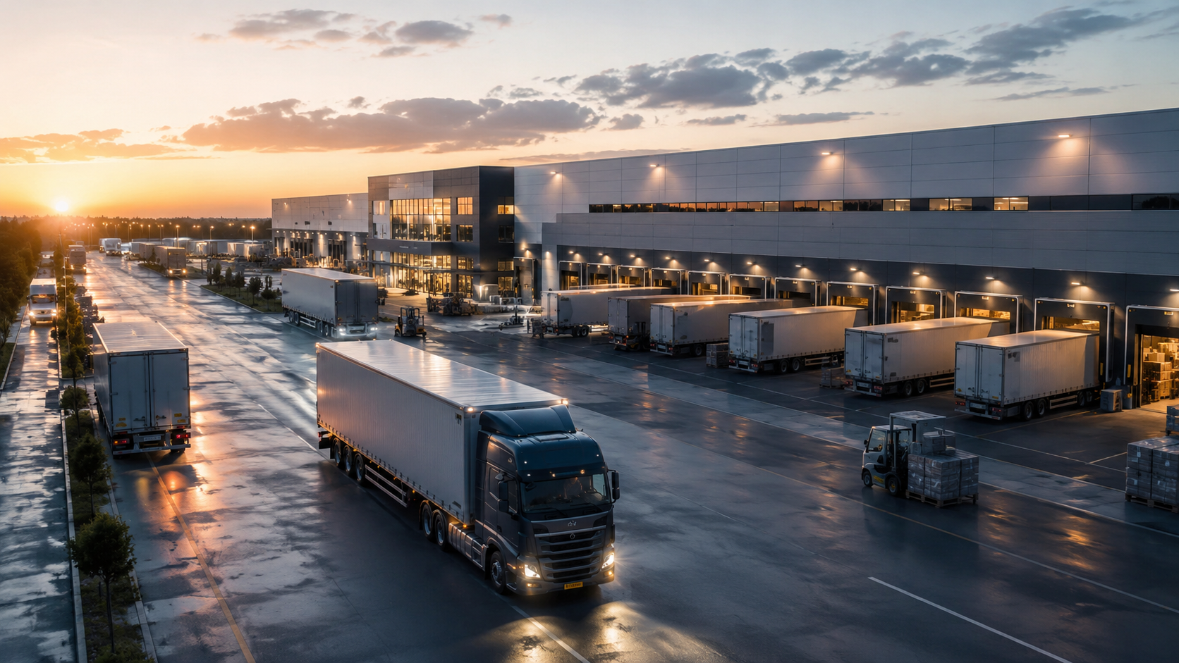 Aerial view of a logistics distribution hub at dusk with trucks at loading docks.