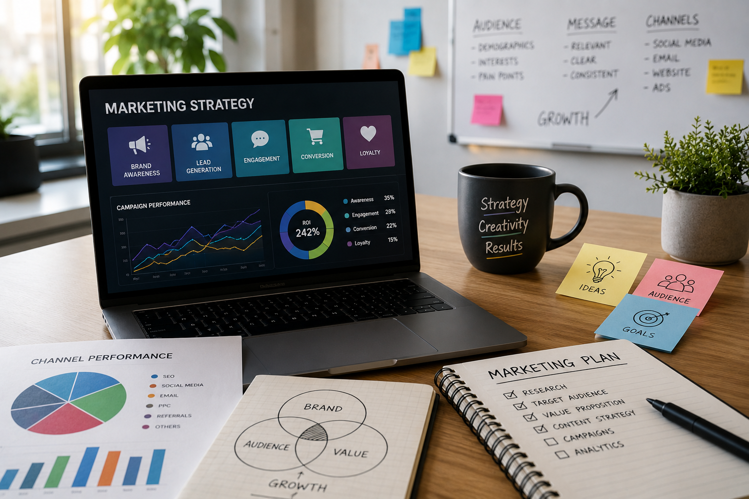Marketing strategy workspace with laptop dashboard, campaign analytics, and planning notebooks.
