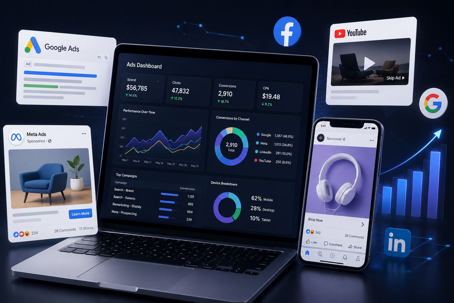 Ads dashboard surrounded by Google, Meta, YouTube, and LinkedIn ad creatives.