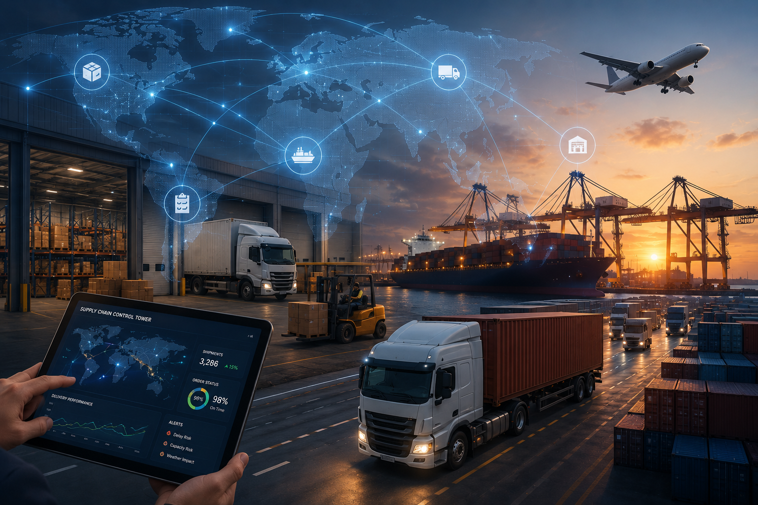 Supply chain control tower tablet overlaid on a global port, warehouse, and freight network at dusk.